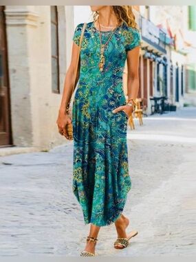 Women’s Teal Paisley Short-Sleeve Maxi Dress